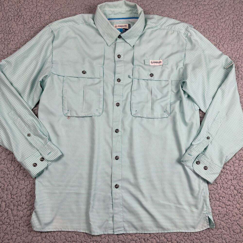 Magellan Fishing Shirt Mens Medium Green Plaid Vented Pocket Quick Dry